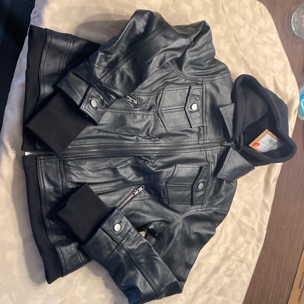 Black leather jacket - women. detachable hood, shirt collar and hooded styles